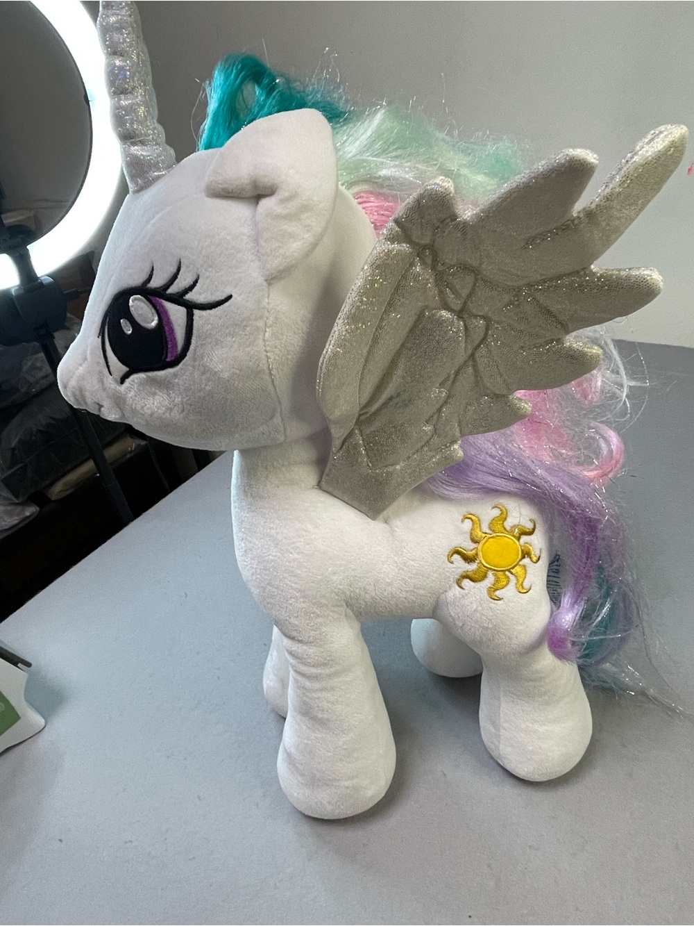 White Plush Unicorn with Rainbow Mane and Glitter Wings - Brand: